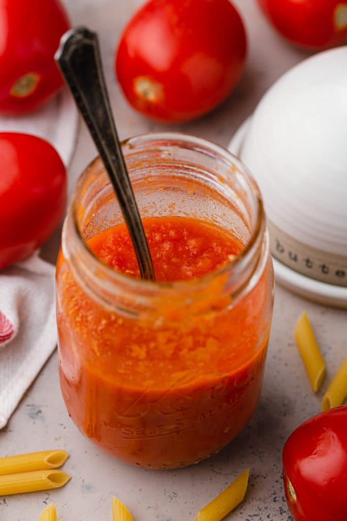 Homemade tomato sauce in a jar.