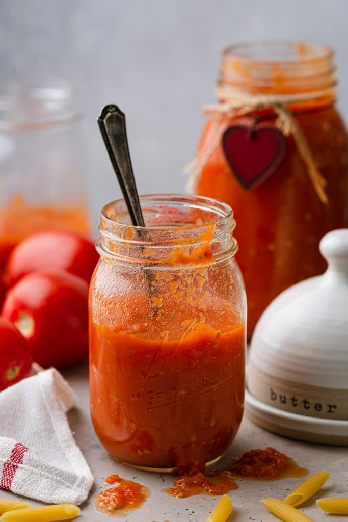 A jar of homemade tomato sauce.