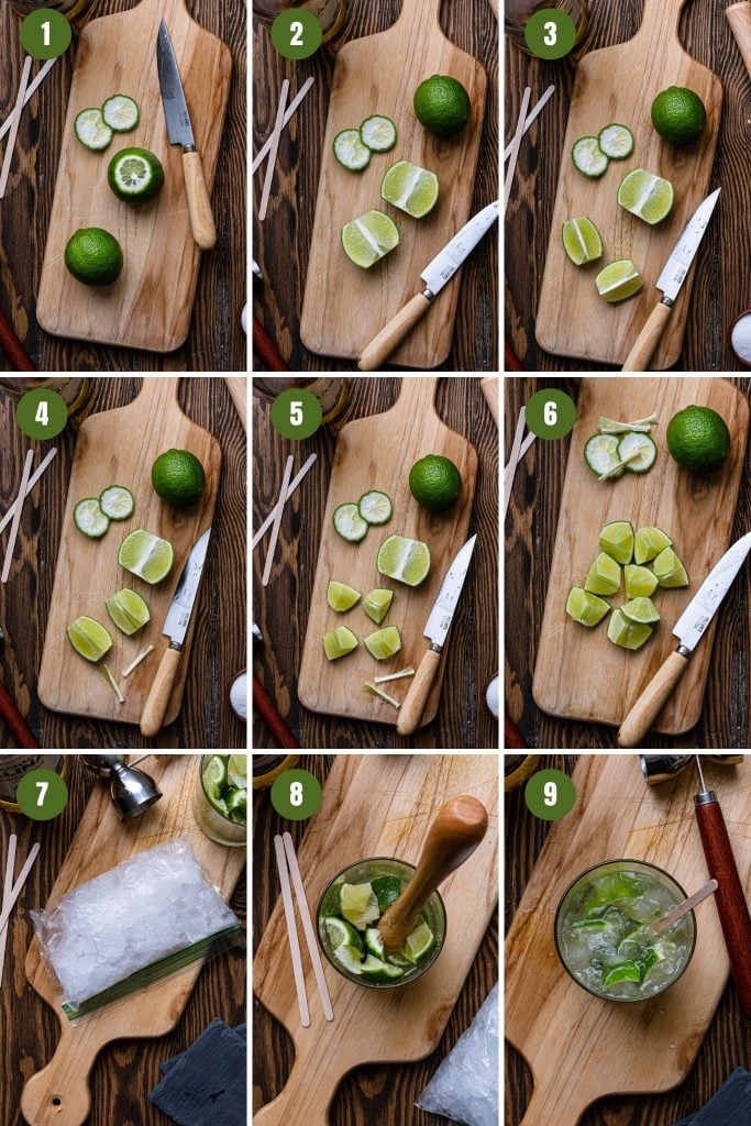 A collage of step by step photos on how to make a caipirinha.