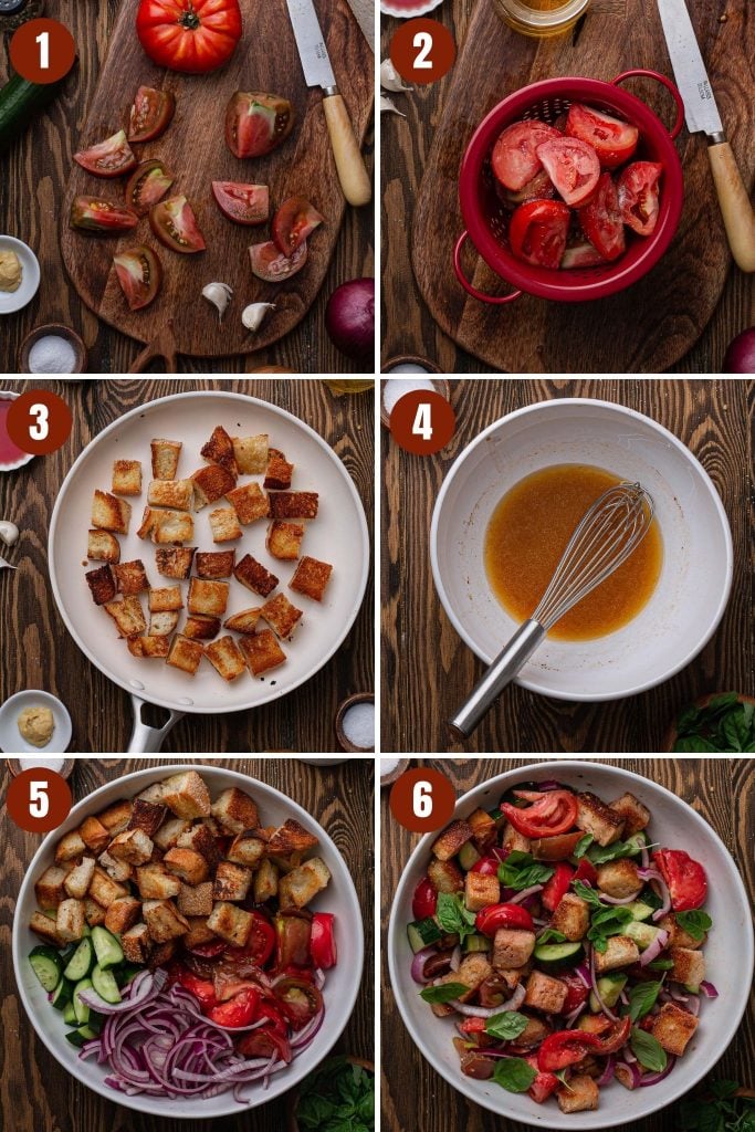 A collage of step by step photos on how to make panzanella salad.