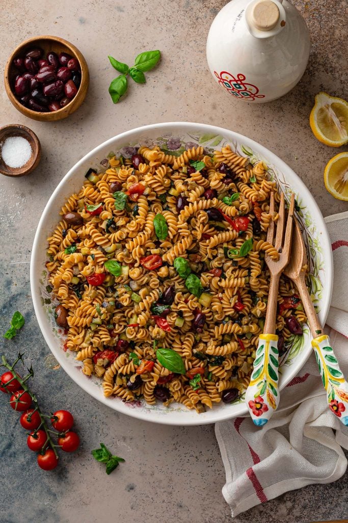 A serving bowl of Mediterranean Pasta.