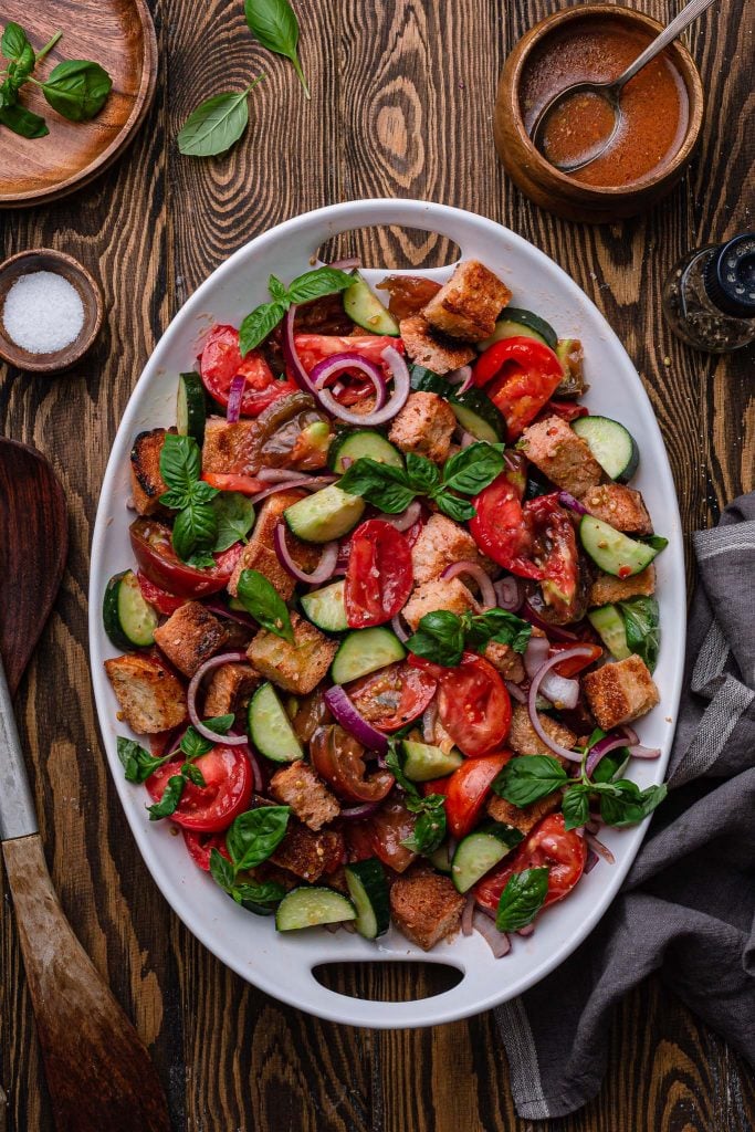 A platter of panzanella salad.