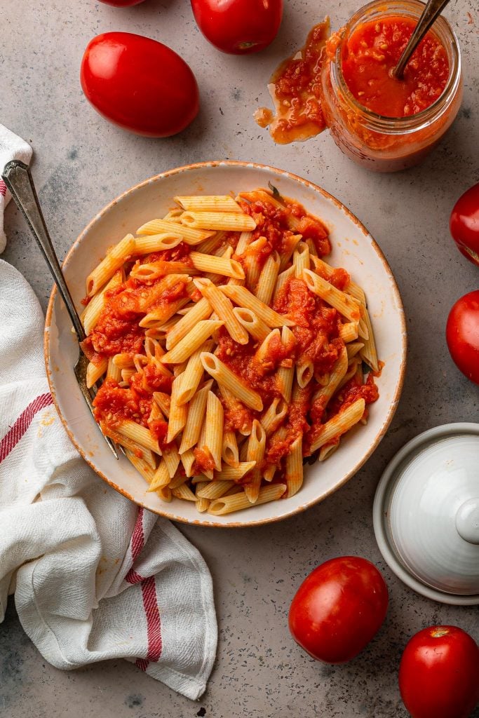 Penne with homemade tomato sauce.