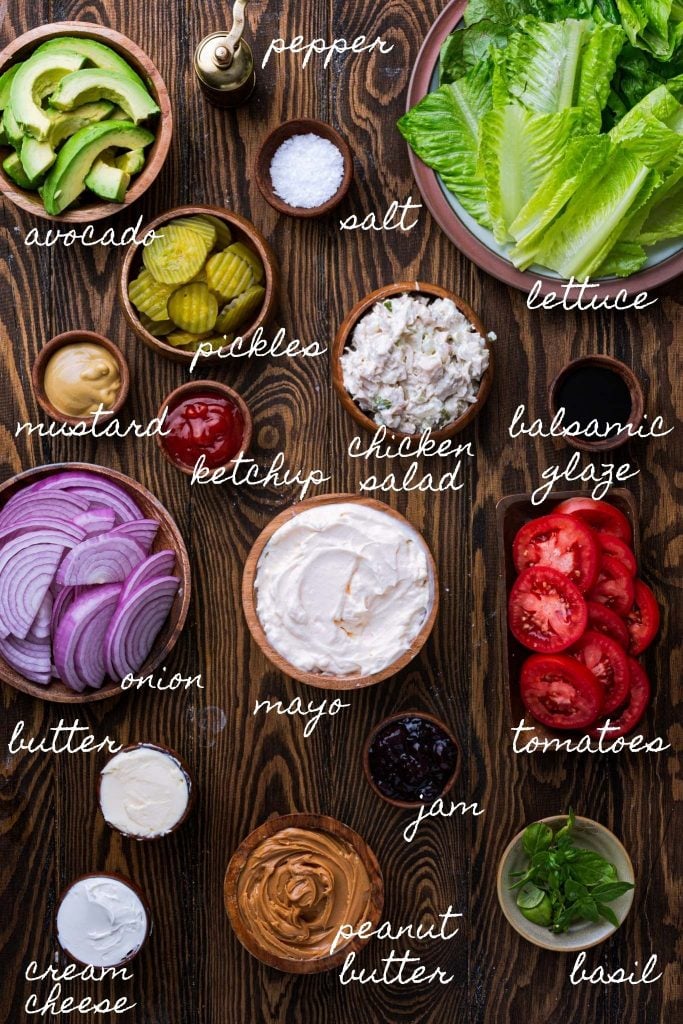 Several options for toppings, spreads and seasonings.