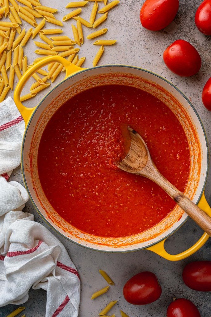 A pot of tomato sauce from scratch.