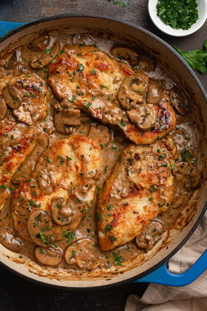 Chicken Marsala in a pan.