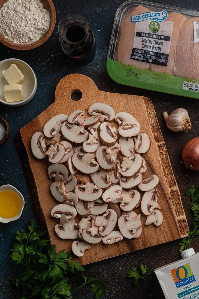 An overhead photo of the sliced mushrooms.