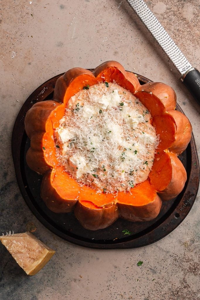 Camarão na Moranga before going in the oven.