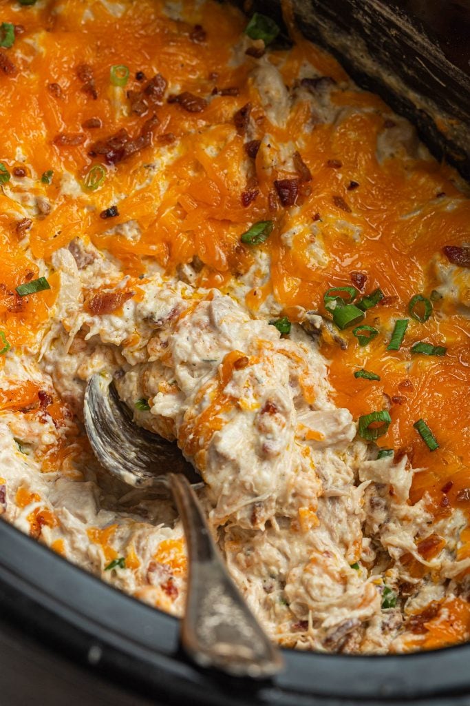 A closeup of a spoon in the chicken dip, to show how creamy it is!