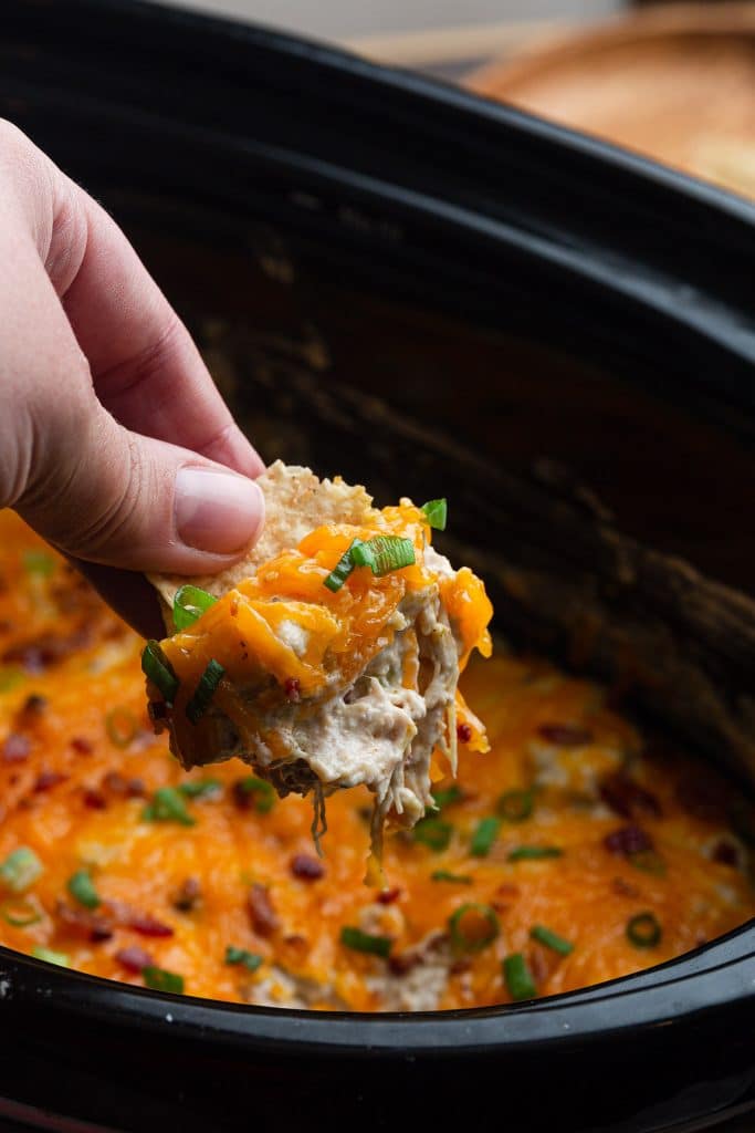 A closeup of chip scooping the cheesy dip.