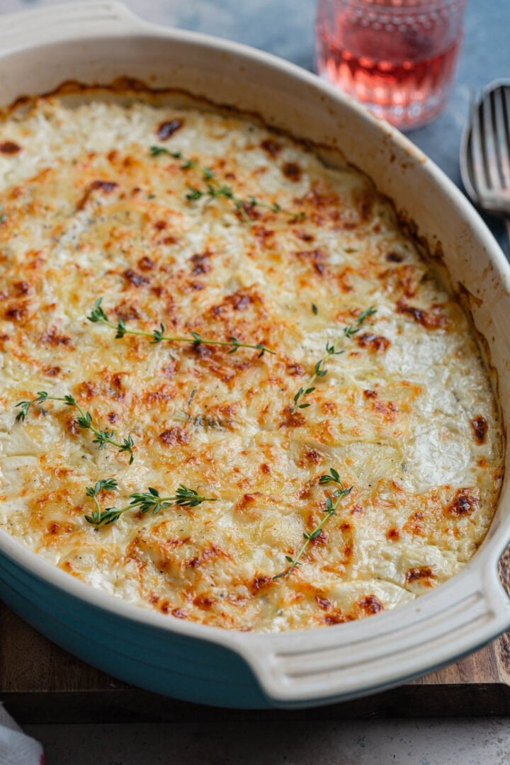 A gratin dish with Potato Gratin Dauphinoise.