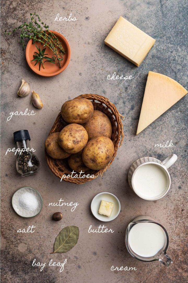 A photo of all the ingredients to make tGratin Dauphinois.