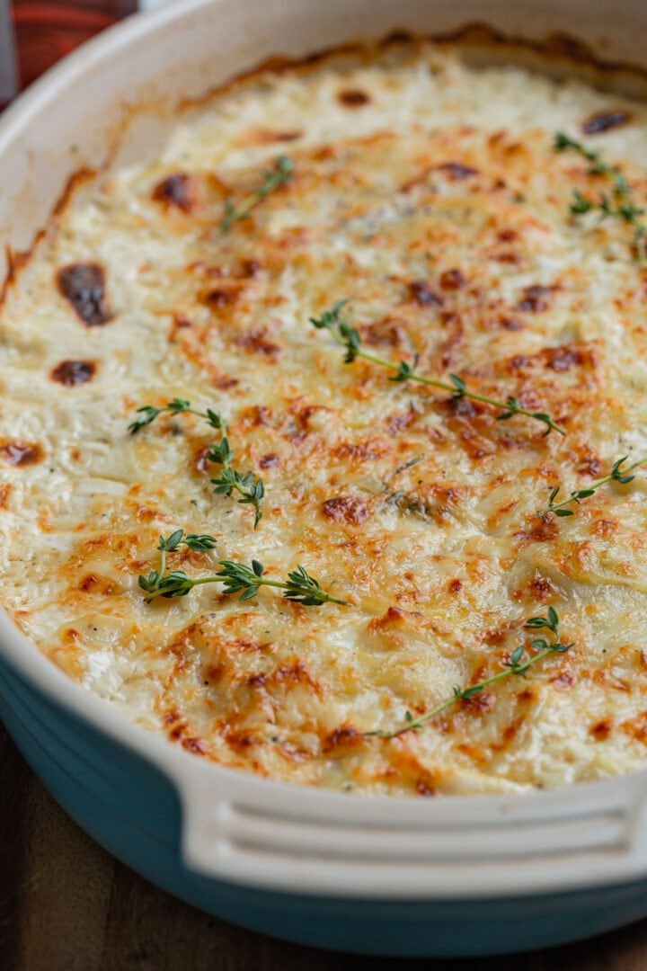 A close up photo of the cheesiness of this Potato Gratin Dauphinois.