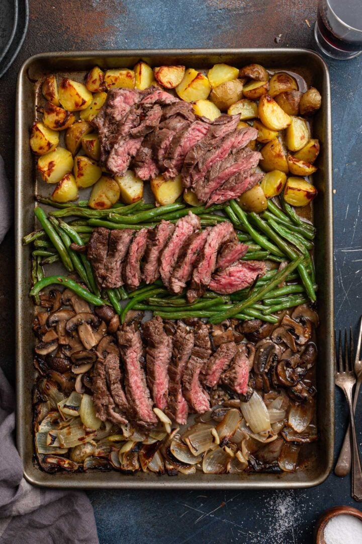 Overhead photo of sheet pan steak with roasted veggies.