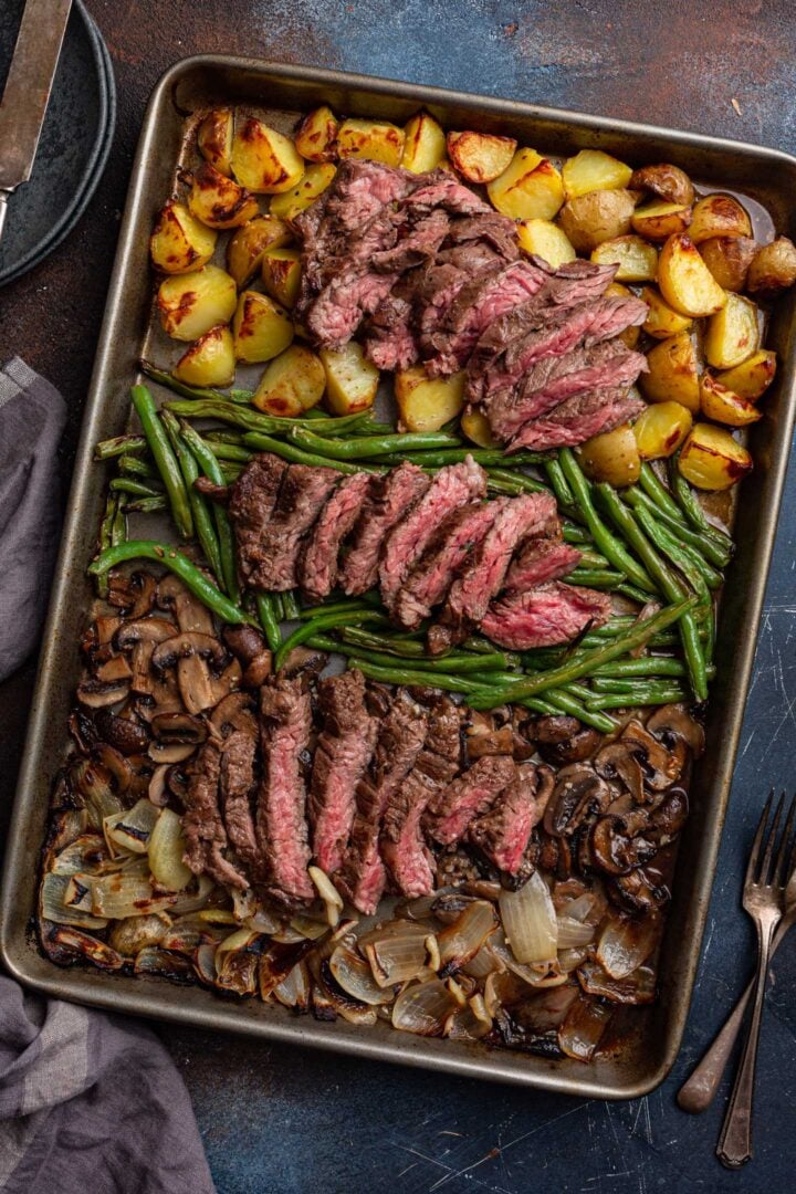 Overhead shot of the sheet pan steak dinner.