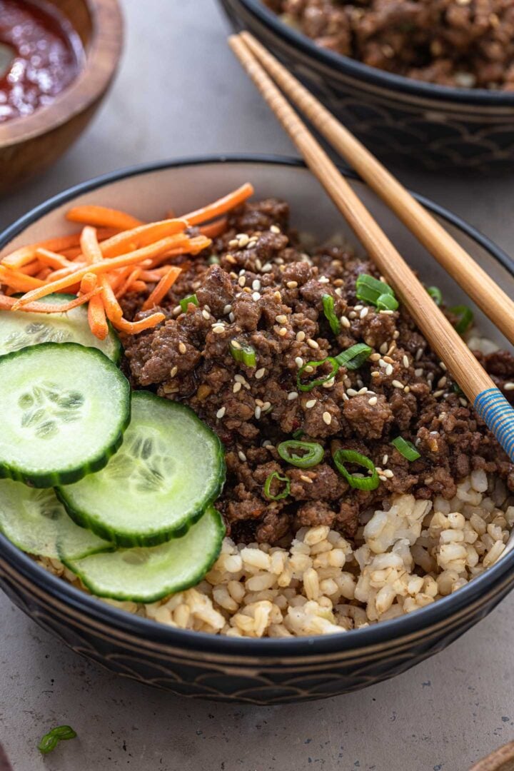 A close up shot of a Korean Beef Bowl.