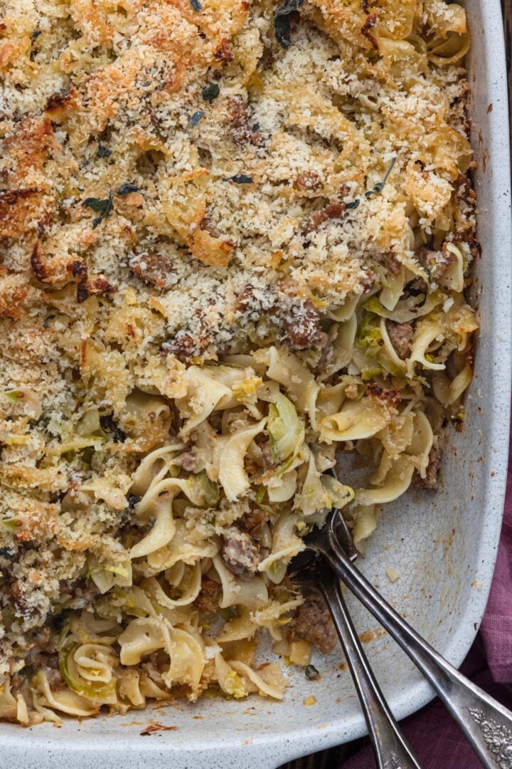 A close up shot of Sausage and Brussels Sprouts Casserole.