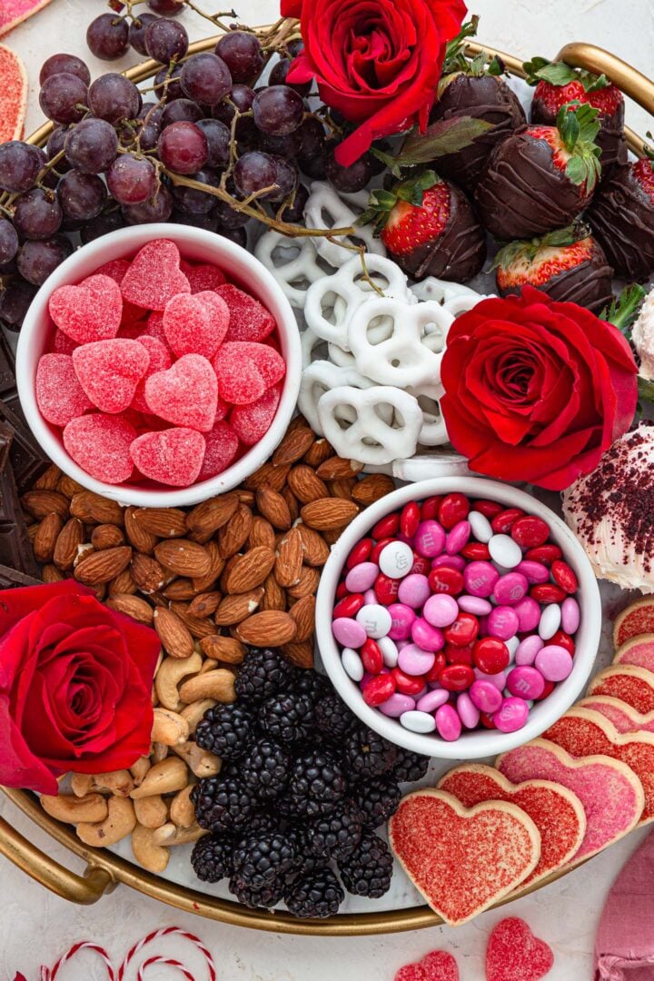 A close up shot of the Valentine's Day dessert board.