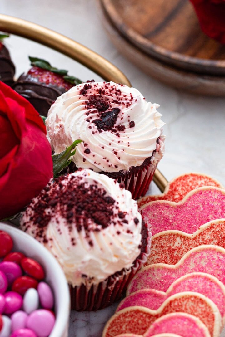 Red Velvet Cupcakes on a dessert board.