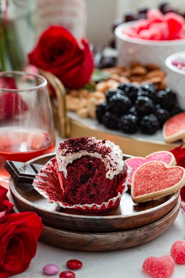 A half eaten Red Velvet Cupcake.