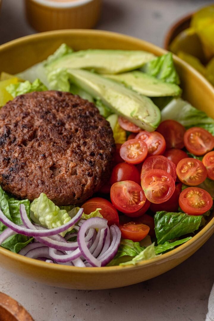 A close up photo of the burger bowl, without the sauce.