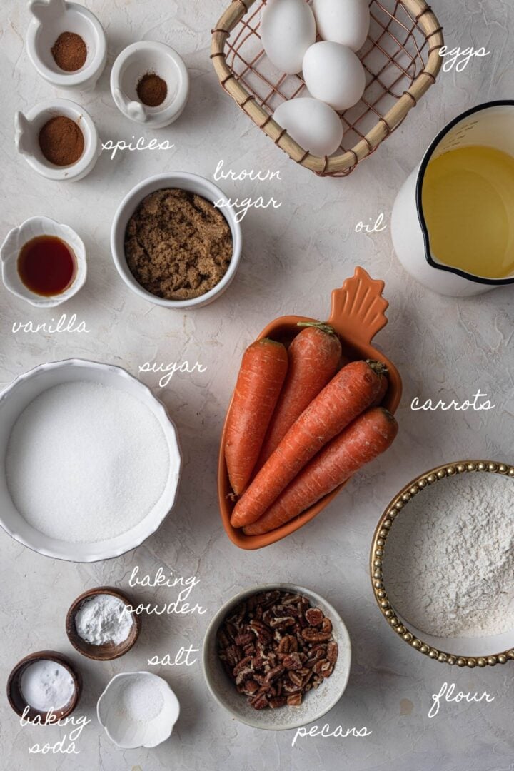 A photo of all the ingredients to make carrot cake.