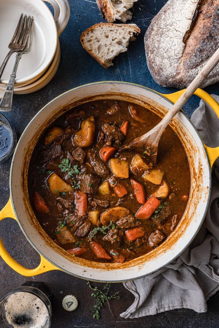A big pot of Guinness Beef Stew, served with a crusty bread.