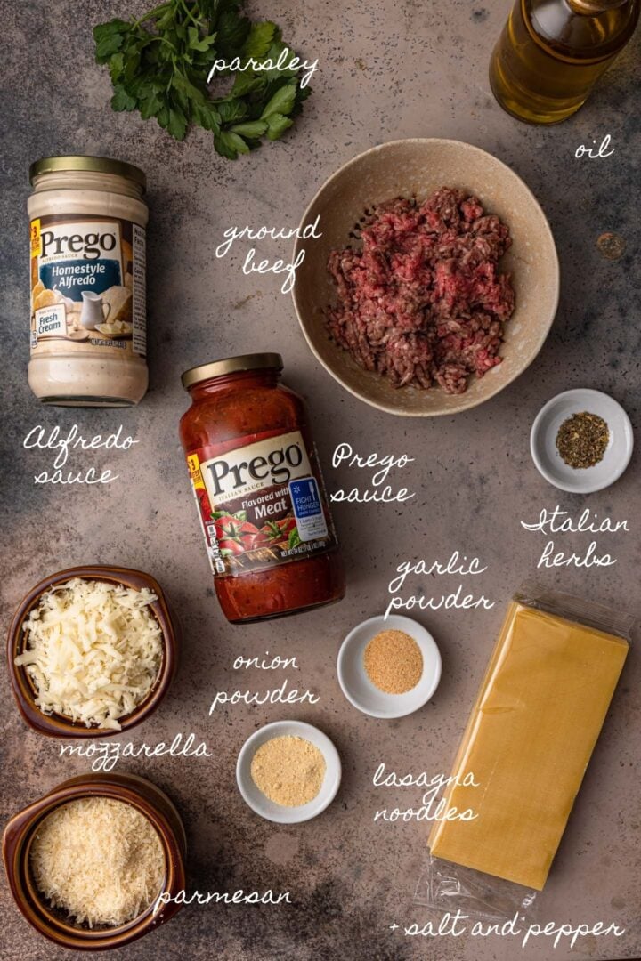 A photo of all the ingredients to make pressure cooker lasagna.