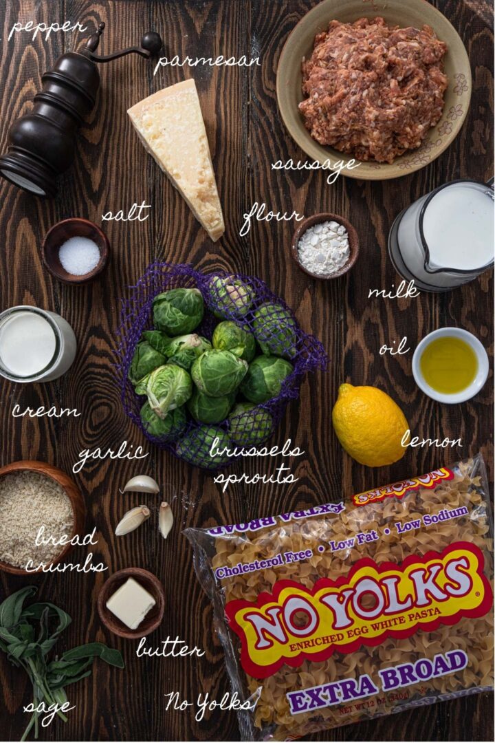 A photo of all the ingredients to make the Sausage and Brussels Sprouts casserole.