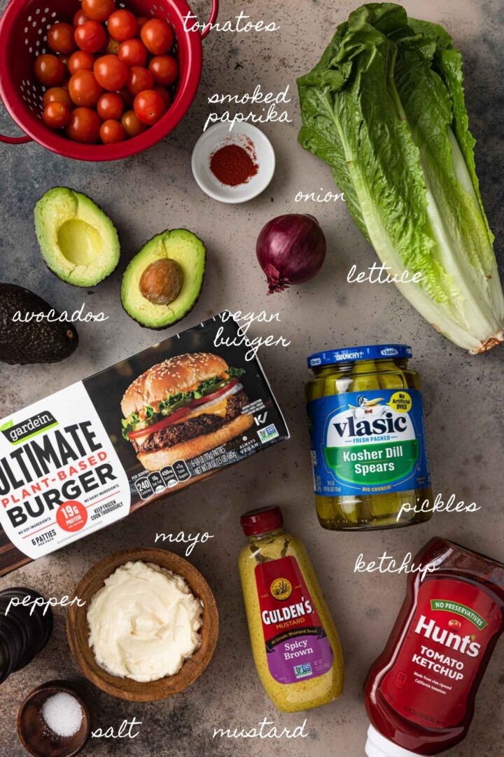 A photo of all the ingredients you need to make Plant-Based Burger Bowls.