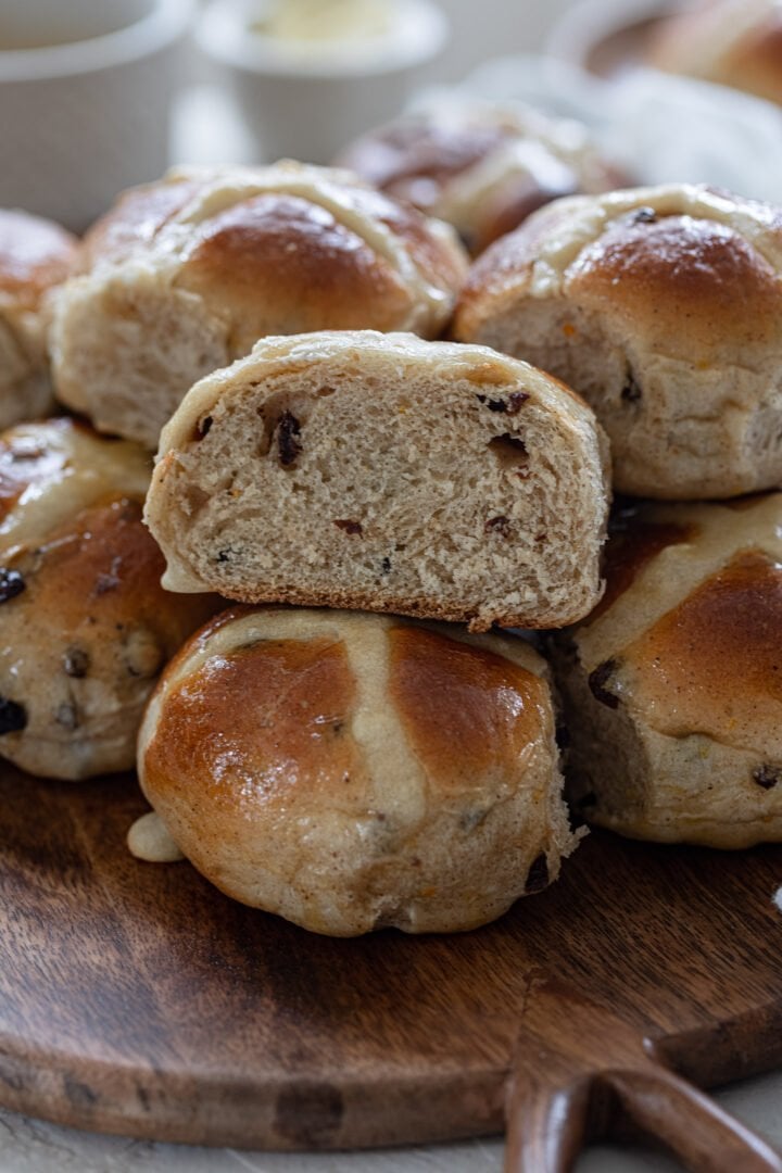 The inside of a hot cross bun.