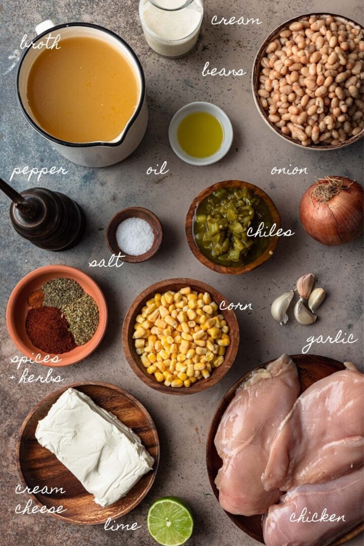 A photo of all the ingredients you'll need to make this white chicken chili recipe.