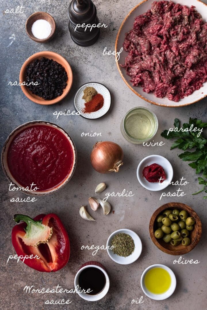A photo of all the ingredients to make this picadillo recipe.