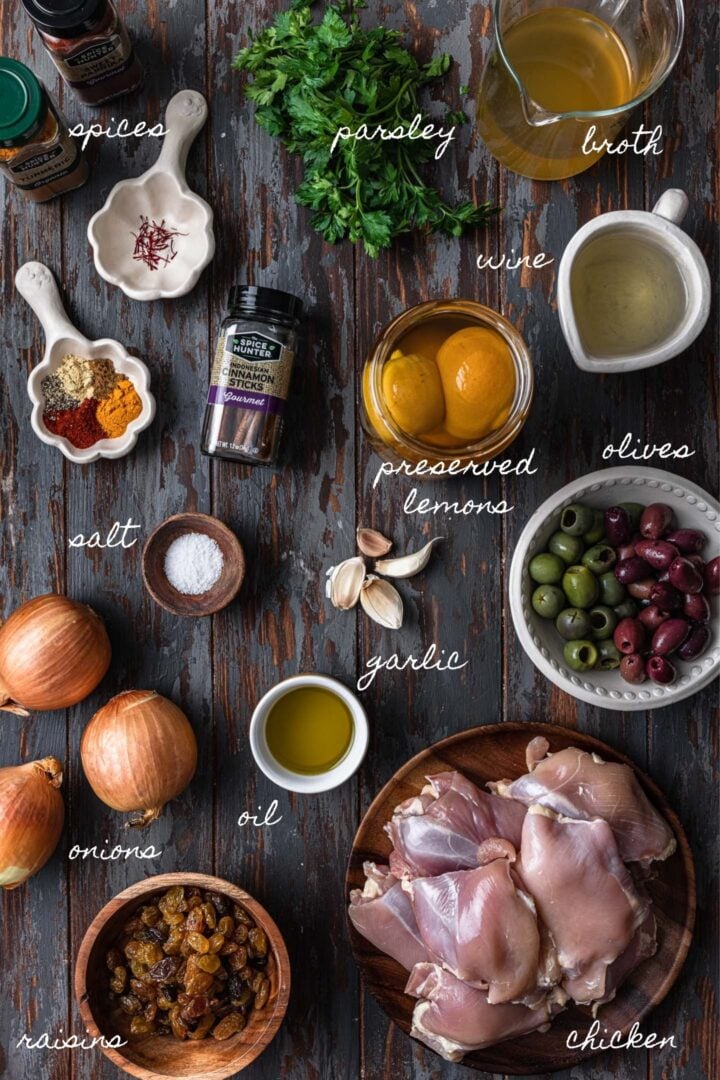 A photo of all the ingredients to make chicken tagine.