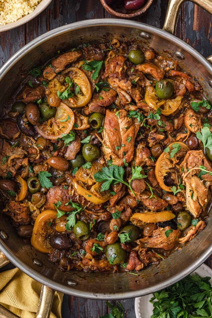 A close up overhead photo of Moroccan Chicken Tagine.