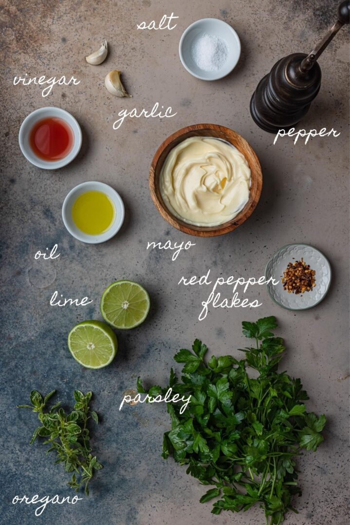 A photo of all the ingredients to make chimichurri mayo.