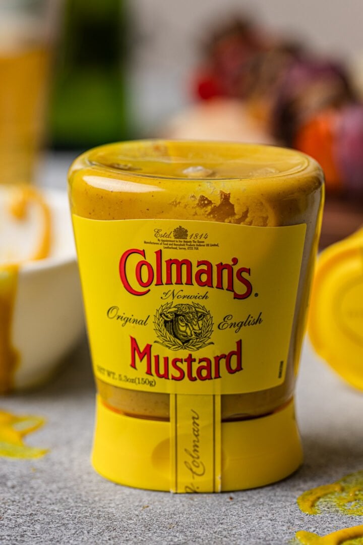 A bottle of Colman's mustard.