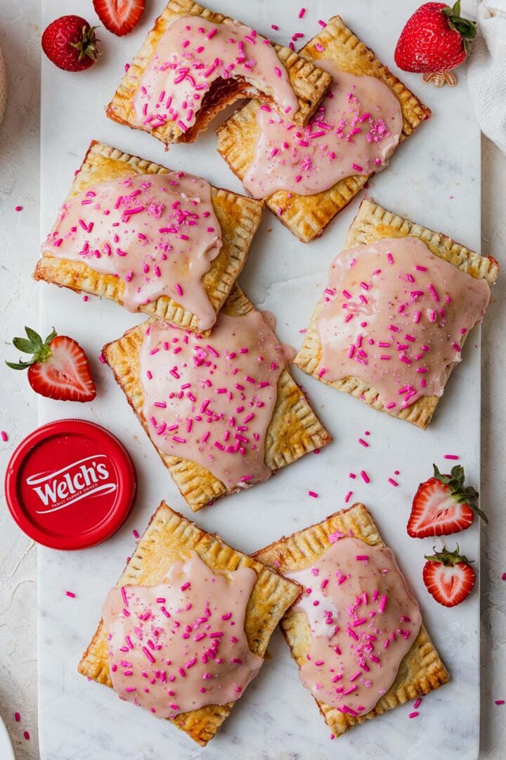 An overhead photo of strawberry toaster pastries.