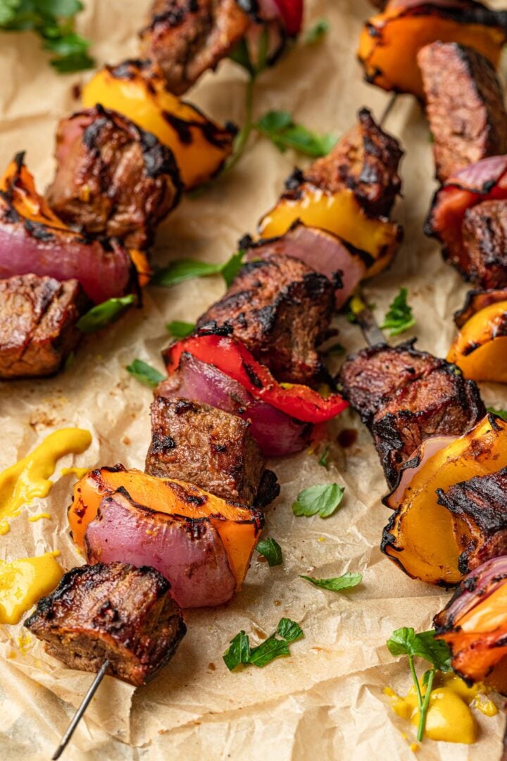 Close up photo of marinated steak kabobs.