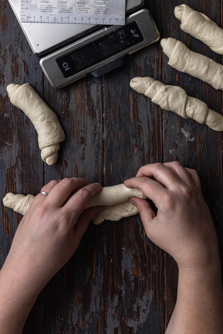 Rolling the dough for the first shaping.