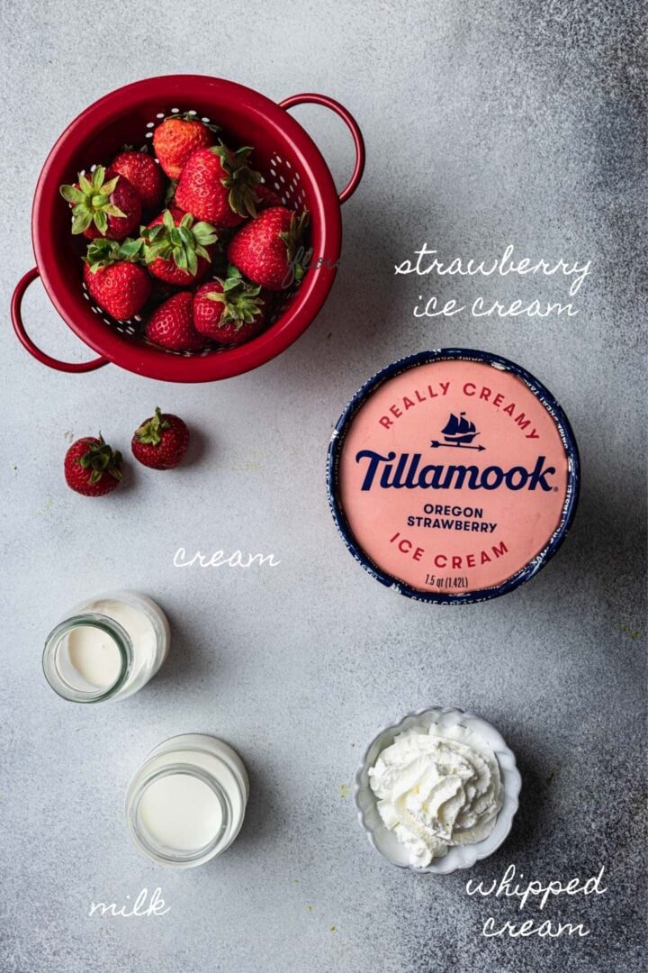A photo of all the ingredients to make strawberry milkshake.