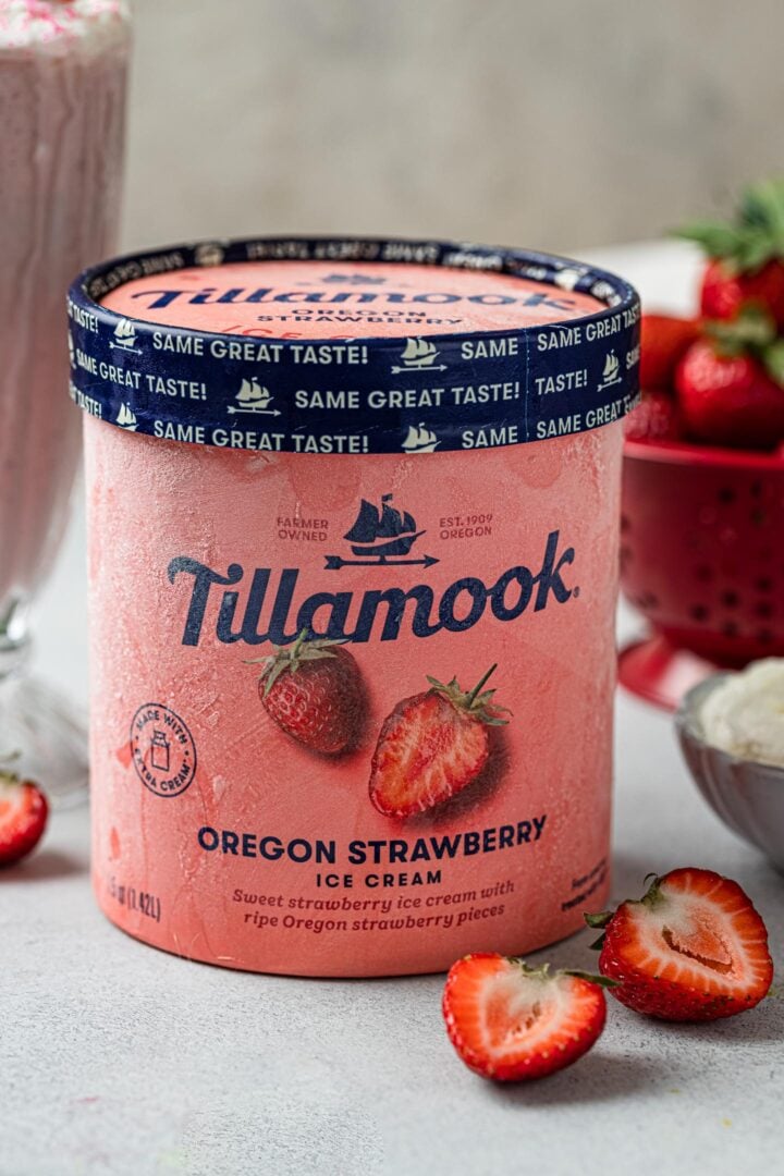 A carton of Tillamook Oregon Strawberry ice cream.