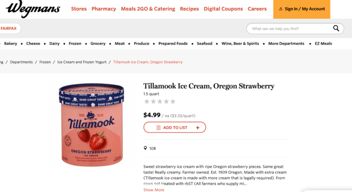 Screenshot of the product page at Wegmans website.