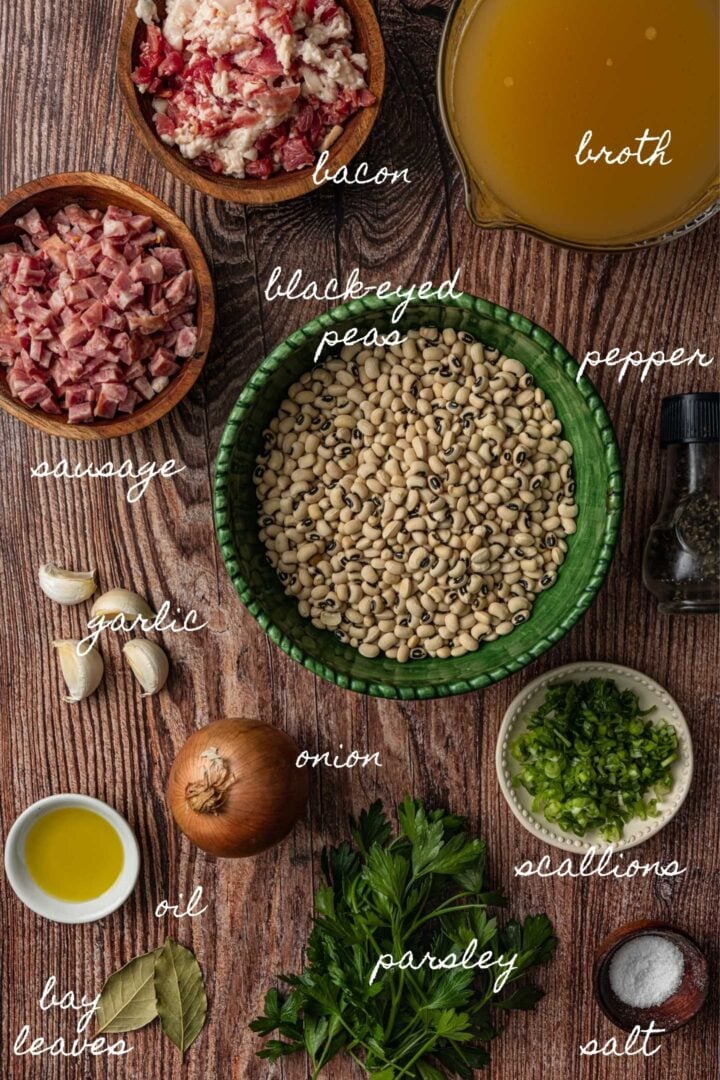 A photo of all the ingredients needed to make this black-eyed peas recipe.