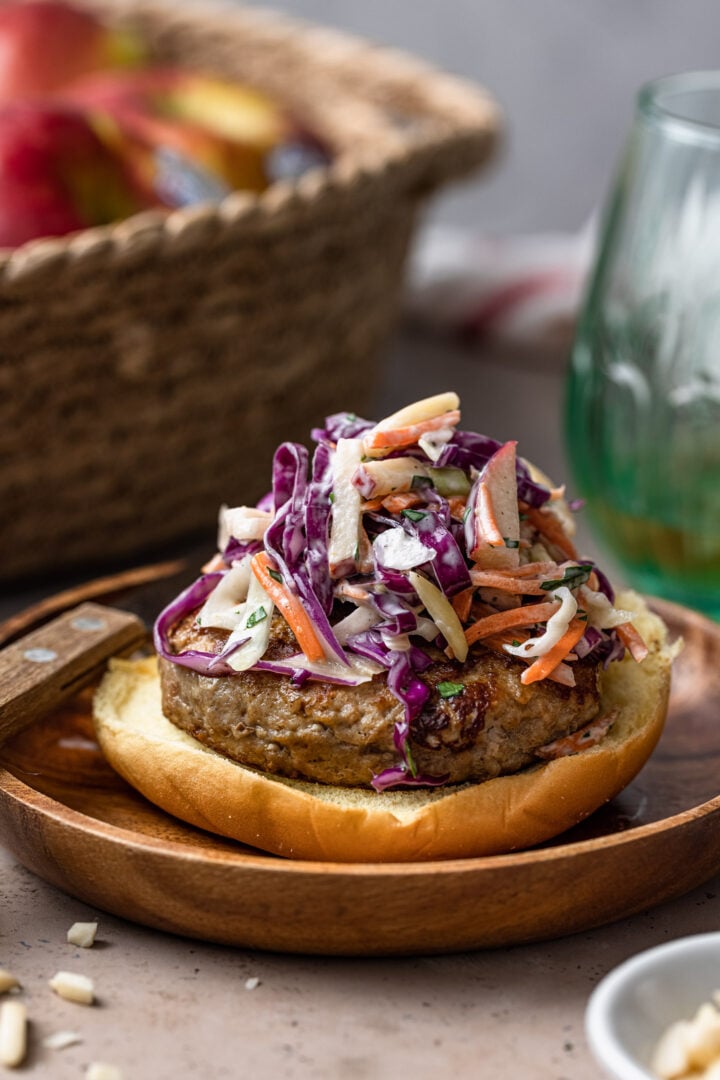 Creamy apple slaw on a turkey burger.