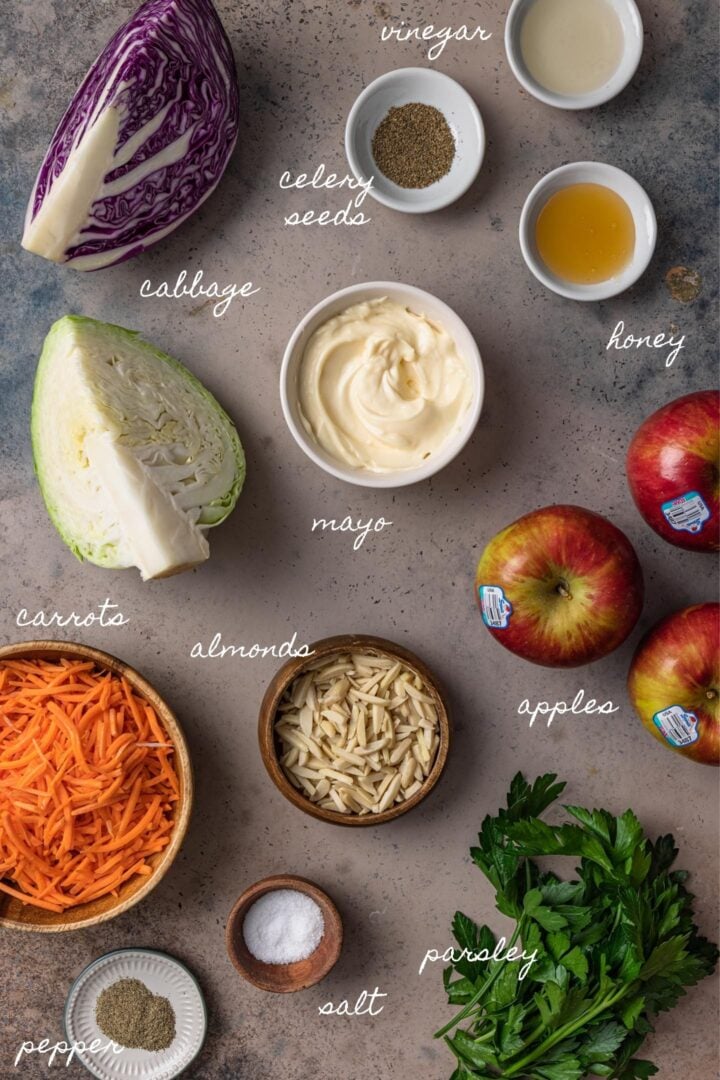 A photo of all the ingredients to make this apple slaw recipe.