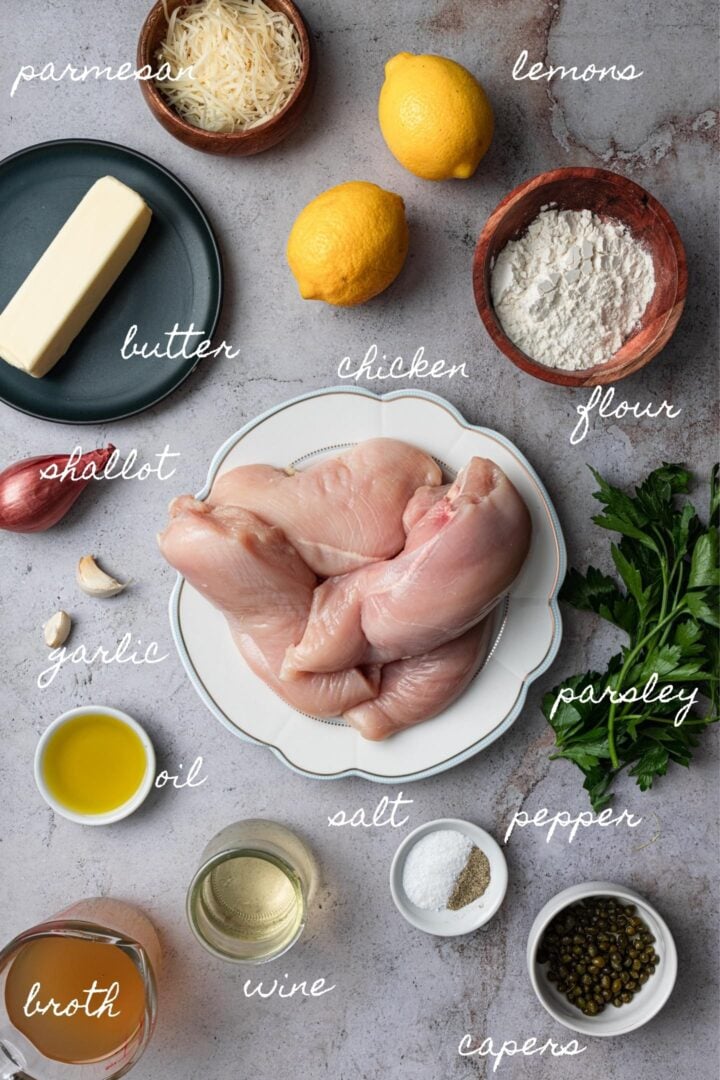 A photo of all the ingredients to make this chicken piccata recipe.