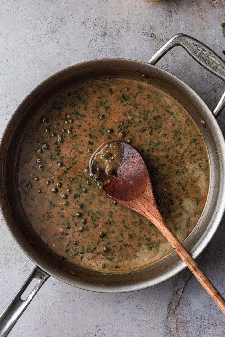 Piccata sauce in a pan.