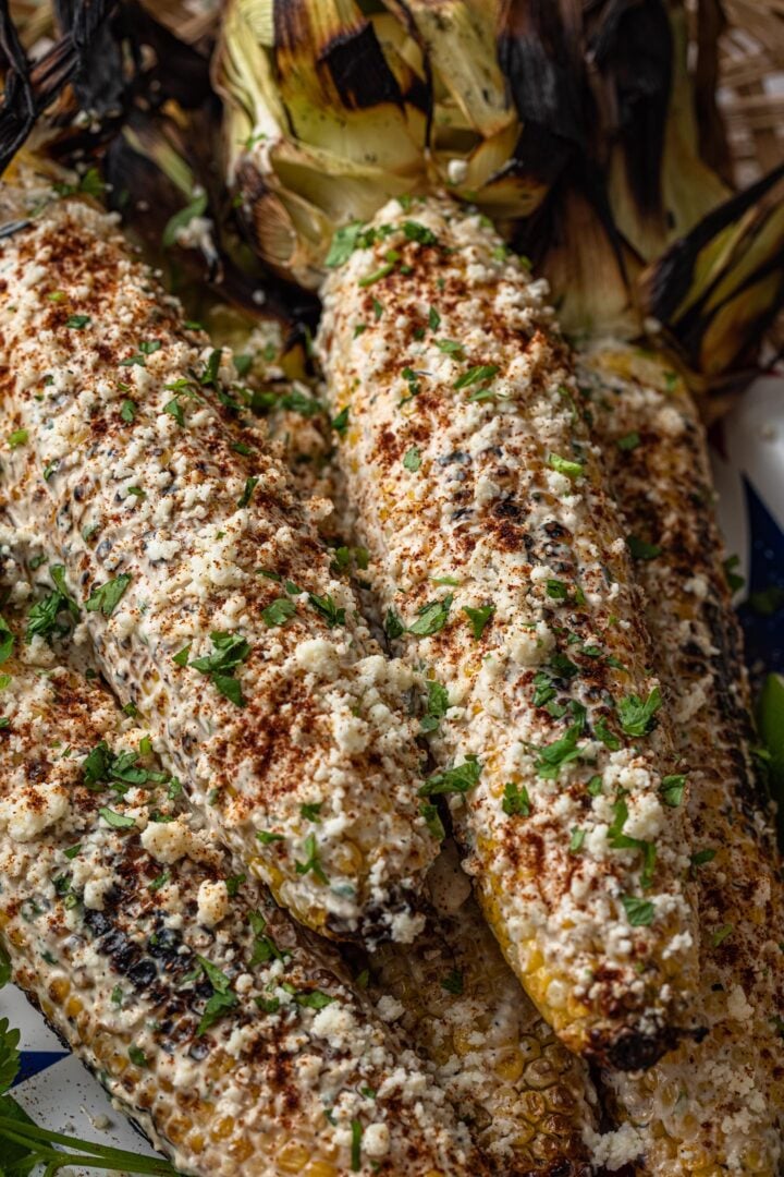 Close up shot of elotes.