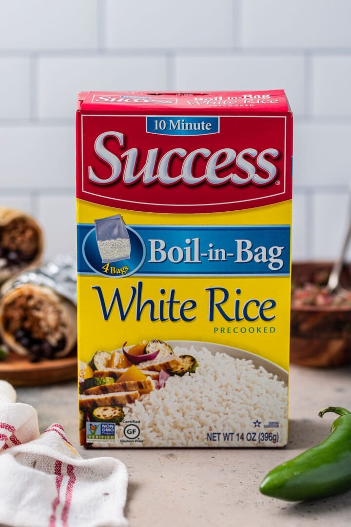 A box of Success white rice.